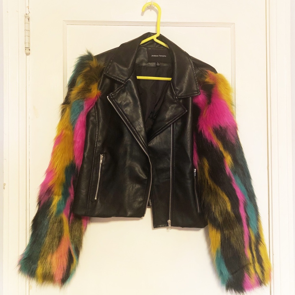 Faux Fur Sleeve Moto Jacket